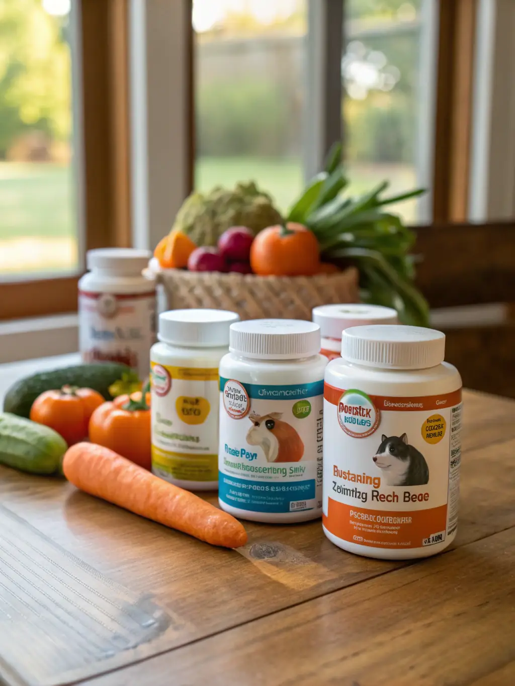 A selection of vitamin and mineral supplements displayed on a wooden surface, with a focus on their natural ingredients and health benefits.