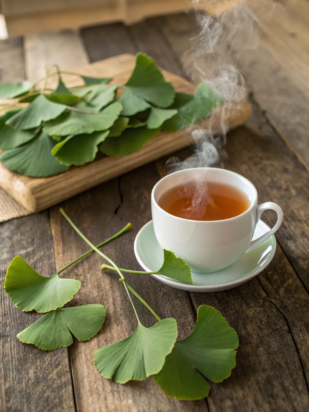An individual sachet of herbal tea being steeped in a clear glass mug, with steam rising and a blurred background of a South African sunrise.