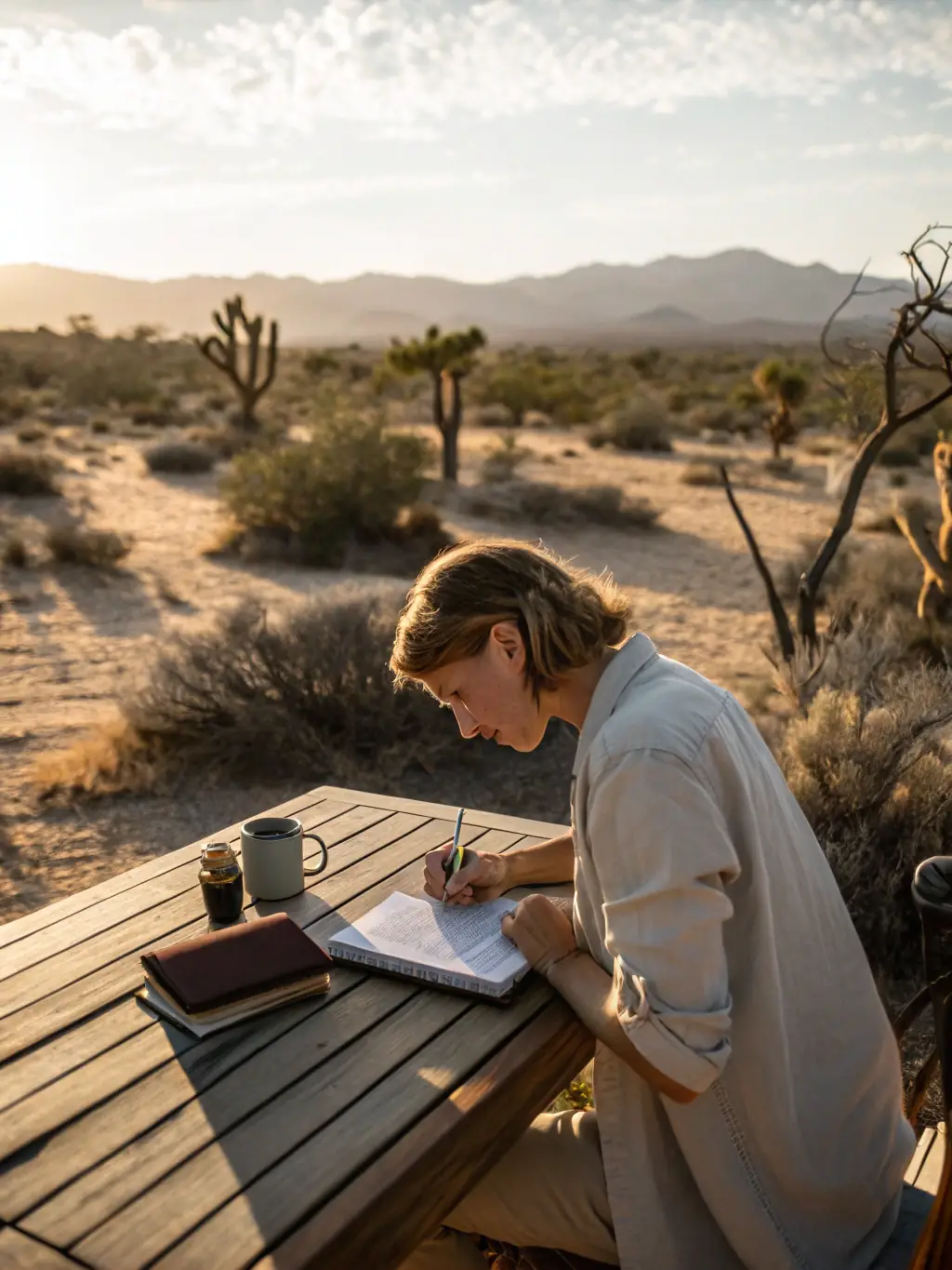 A person using a journal from the Morning Wellness Subscription Box to write down their morning intentions, with a cup of tea and a sunrise visible in the background.