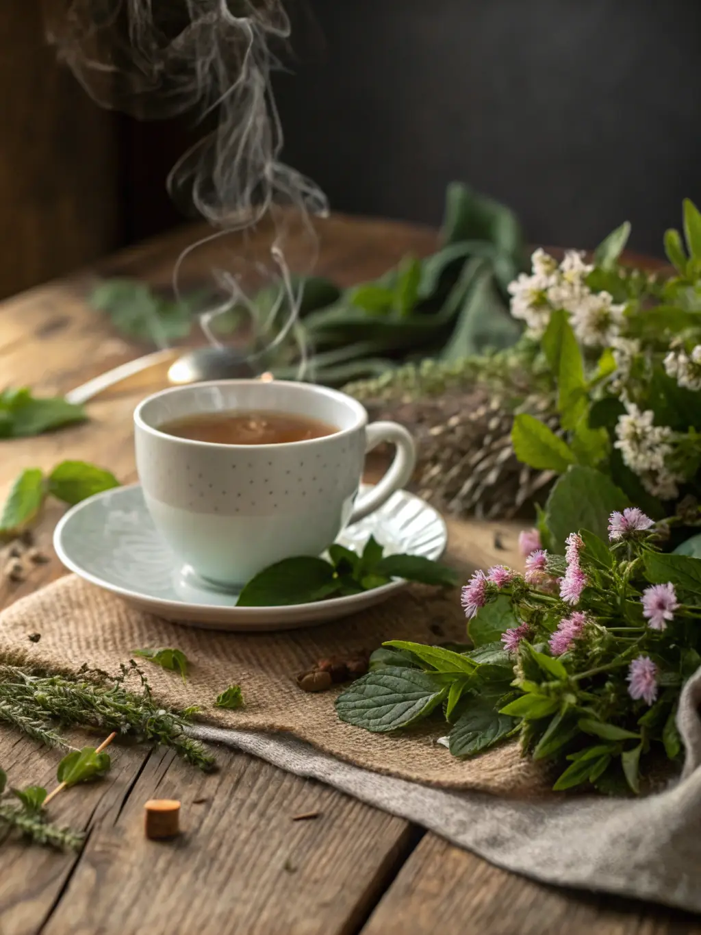A close-up shot of a beautifully arranged Morning Wellness Subscription Box, showcasing the variety of items inside, such as herbal teas, supplements, and a small journal, all bathed in soft morning light.